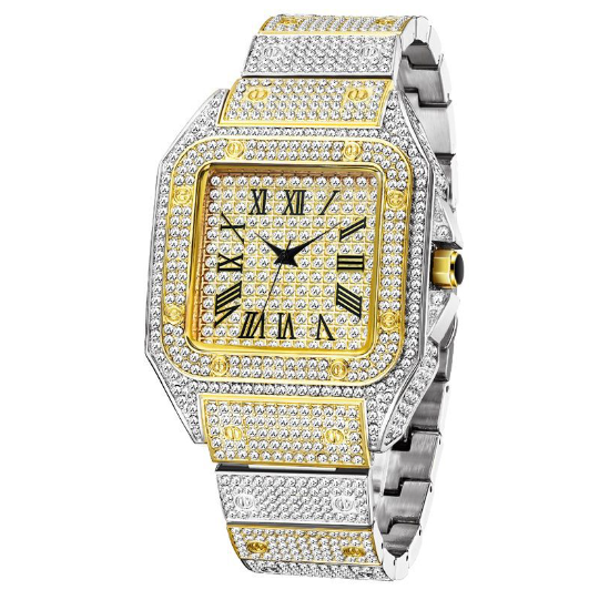 Karnz | MISSFOX Ice Out Square Herrenuhr | 18K Gold Nano-Vakuum-Beschichtung | Schweizer Quarz-Uhrwerk | Vollbesetzt mit Lab-Diamanten | Edelstahl-Gehäuse | Wasserdicht 3 ATM