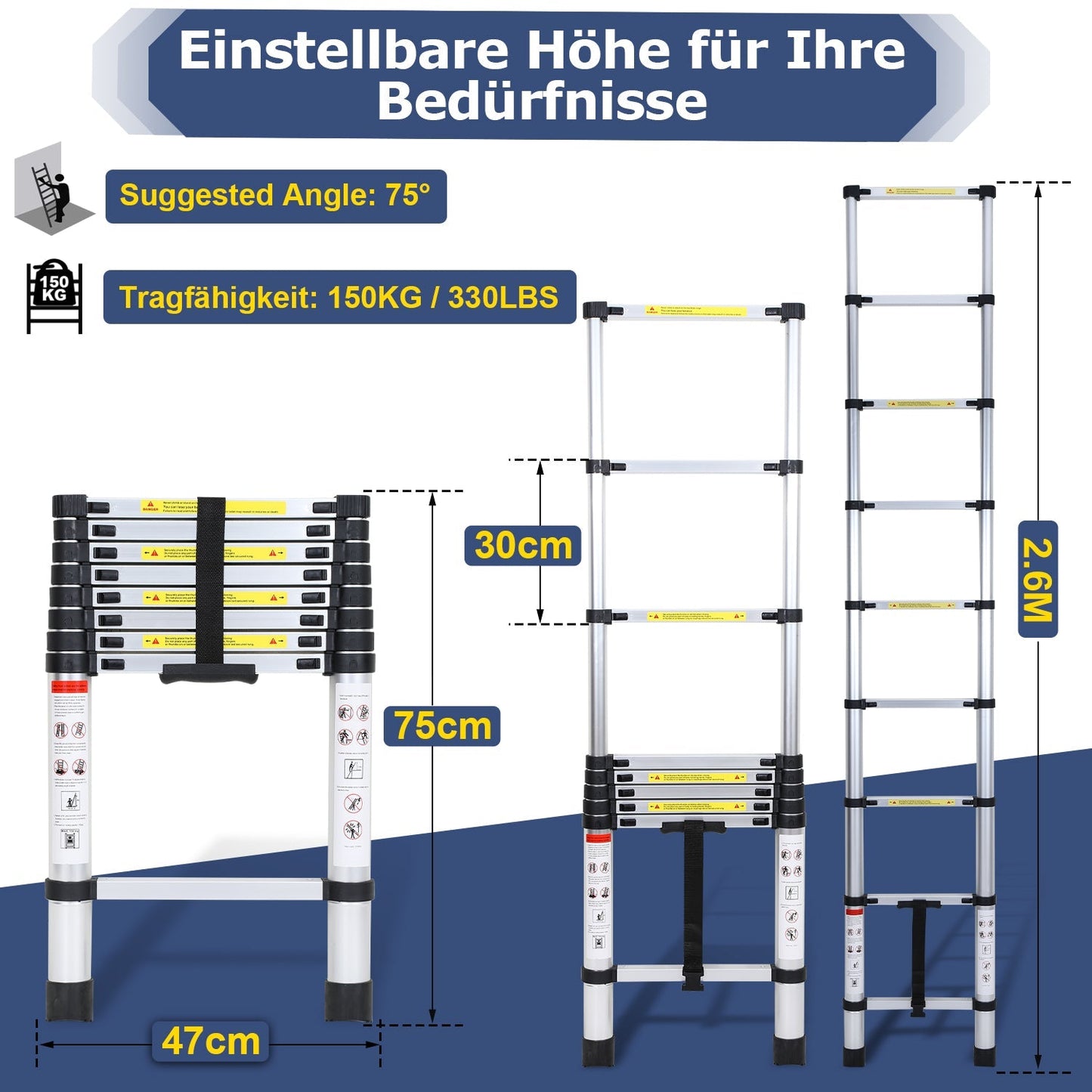 Teleskopleiter Aluminium Belastbarkeit bis zu 150kg 2.6m-5m | Karnz