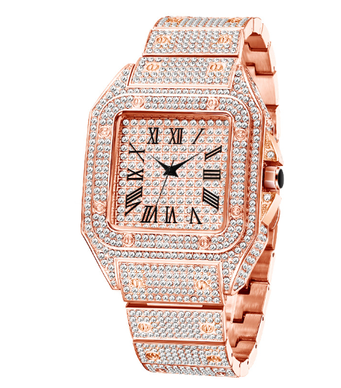 Karnz | MISSFOX Ice Out Square Herrenuhr | 18K Gold Nano-Vakuum-Beschichtung | Schweizer Quarz-Uhrwerk | Vollbesetzt mit Lab-Diamanten | Edelstahl-Gehäuse | Wasserdicht 3 ATM