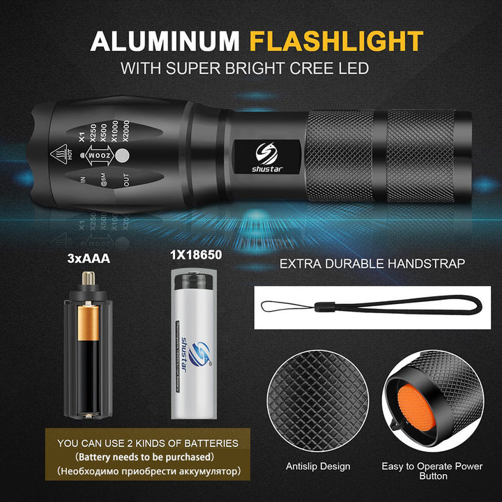 Karnz | MS18 Hochleistungs-LED-Taschenlampe | 100.000 Lumen | 18x Cree XHP70 2.0 LEDs | 2,3 km Reichweite | IP56 Wasserdicht | OLED-Statusdisplay | Inkl. Akku-Pack
