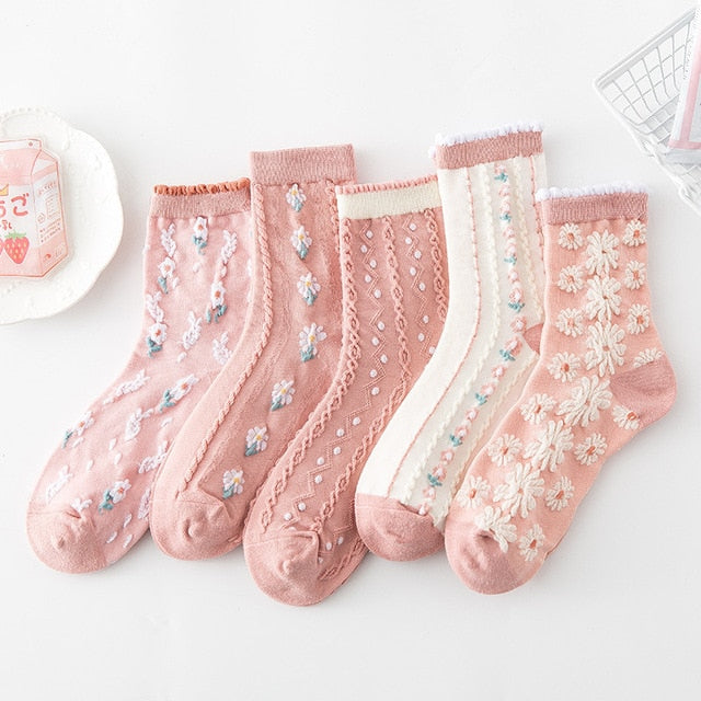 5 Paar Socken im Vintage-Stil mit Blumenstickerei