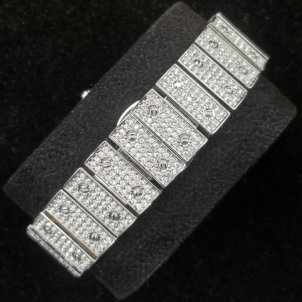 Karnz | MISSFOX Ice Out Square Herrenuhr | 18K Gold Nano-Vakuum-Beschichtung | Schweizer Quarz-Uhrwerk | Vollbesetzt mit Lab-Diamanten | Edelstahl-Gehäuse | Wasserdicht 3 ATM