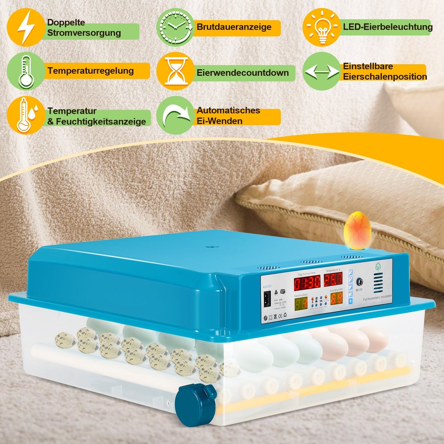 Brutautomat Vollautomatisch Inkubator für Hühner 64 Eier | Karnz