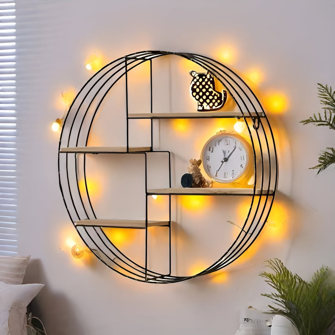 Runde Wandregal mit 4 Ebenen – Retro-Design aus Holz & Metall | Dekorativer Hängeregal für Wohnzimmer, Badezimmer & Schlafzimmer | Karnz
