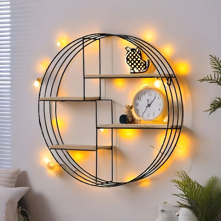 Rundes Wandregal mit 4 Ebenen – Retro-Design aus Holz und Metall | Dekoratives Hängeregal für Wohnzimmer, Badezimmer und Schlafzimmer