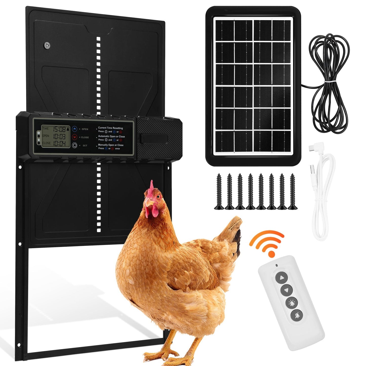 Elektrische Hühnerklappe Solar mit LED Display und Fernbedienung | Karnz