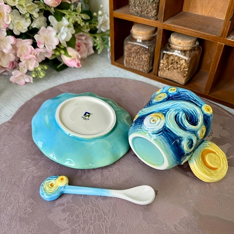 ArtSip Keramiktasse & Untertasse Set – Handgemalte 3D-Design inspiriert von Van Gogh | Karnz