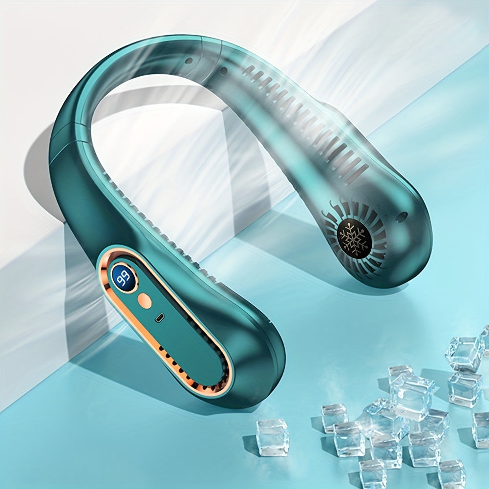 Bleib cool und bequem mit diesem USB-wiederaufladbaren Nackenventilator mit 5 Geschwindigkeitsstufen - Digitalanzeige und bladeloos! | Karnz