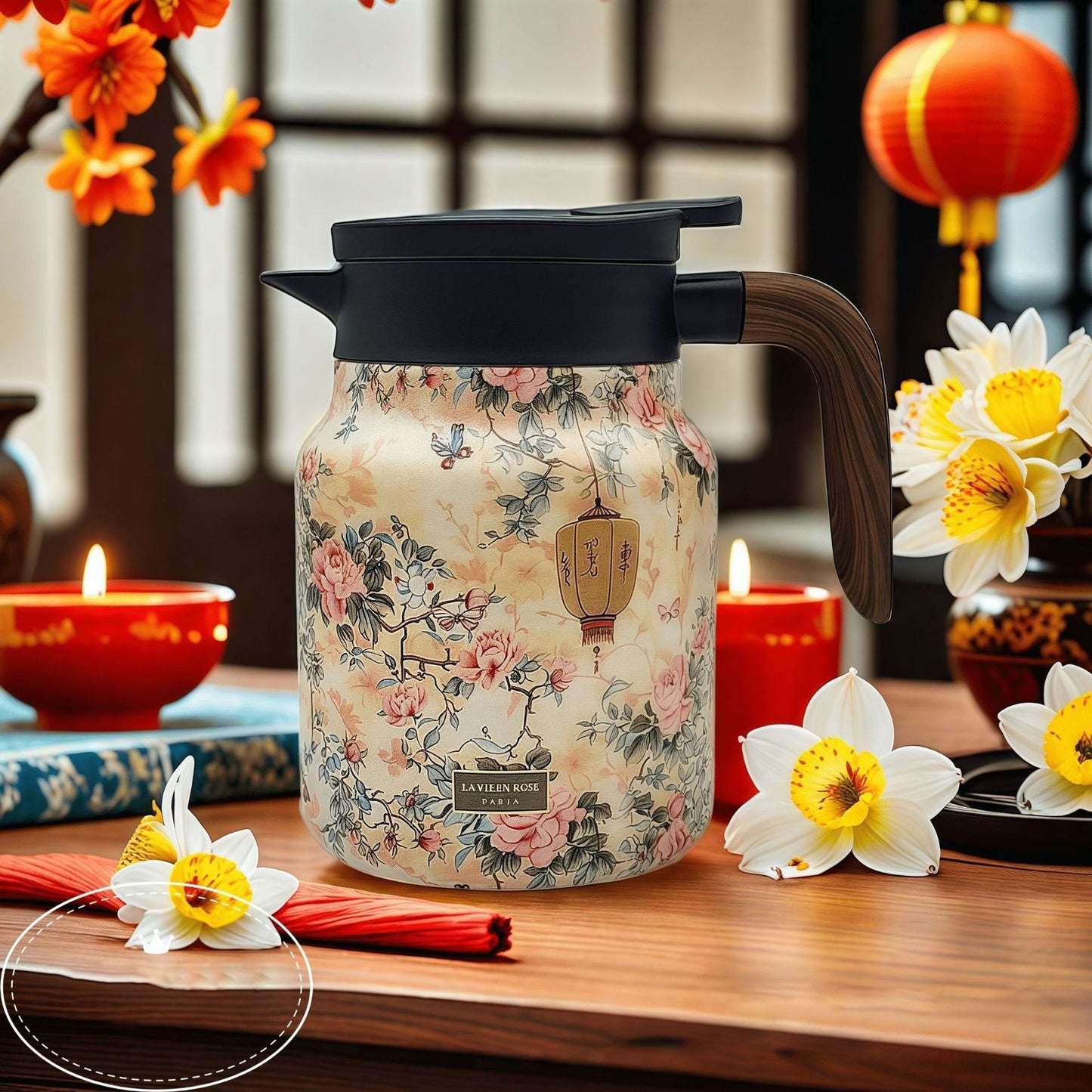 Teethermoskanne mit Vintage-Blumenmuster – mit integriertem Teesieb