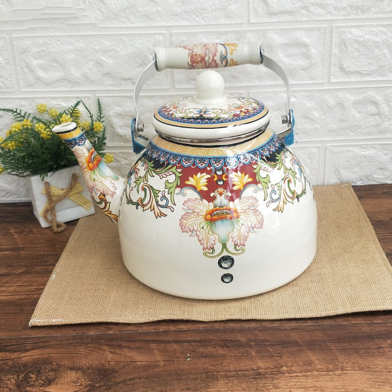 Flacher Boden Runde Emaille Teekanne Blumen Teekanne Milch Haus Teekanne | Karnz