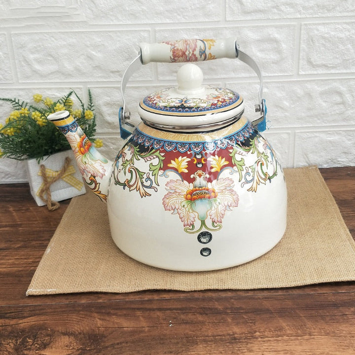 Flacher Boden Runde Emaille Teekanne Blumen Teekanne Milch Haus Teekanne | Karnz