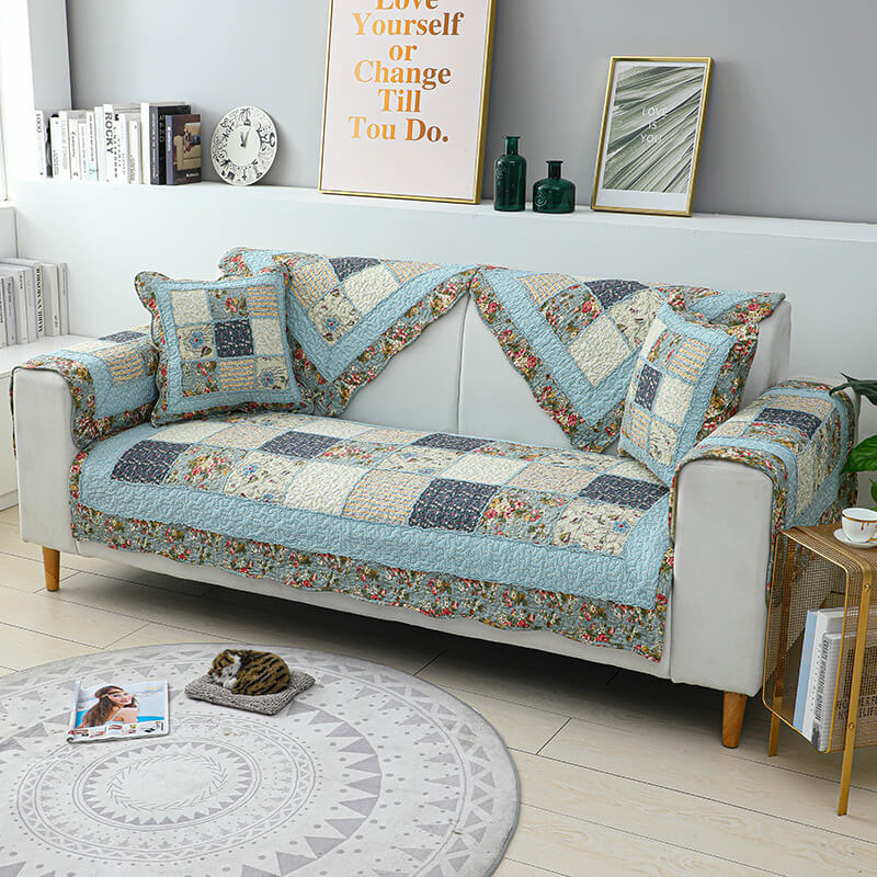 Vintage Flower Plaid Baumwollsofa Bezug - Weiches umweltfreundliches Design | Karnz