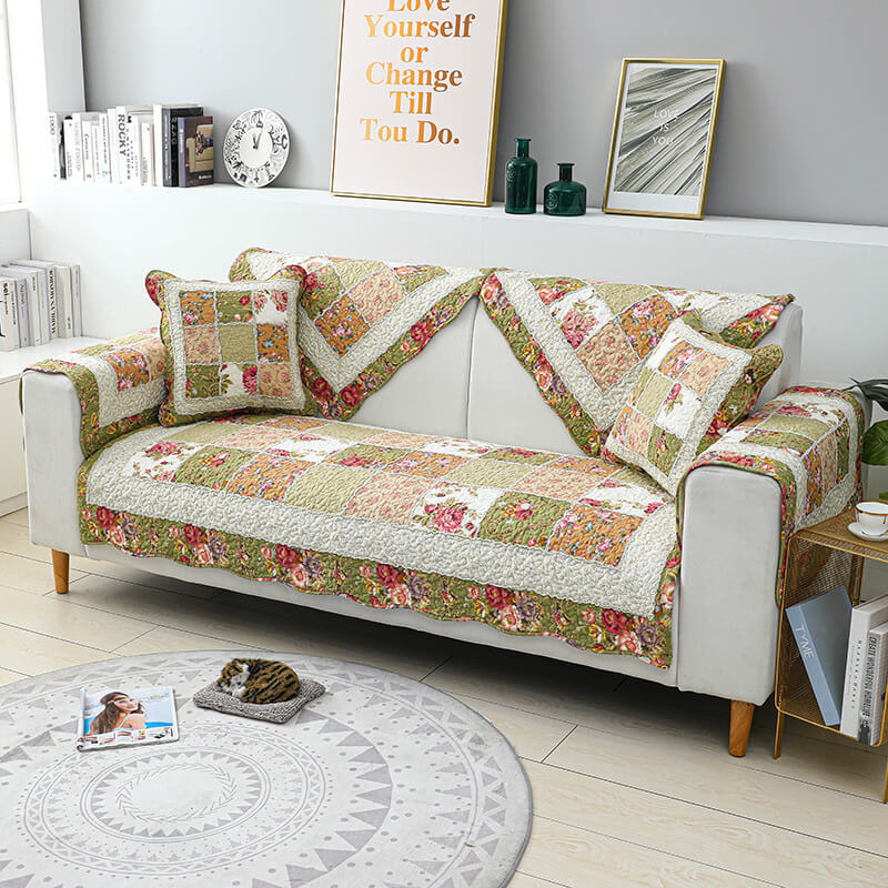 Vintage Flower Plaid Baumwollsofa Bezug - Weiches umweltfreundliches Design | Karnz