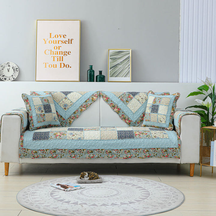 Vintage Flower Plaid Baumwollsofa Bezug - Weiches umweltfreundliches Design | Karnz