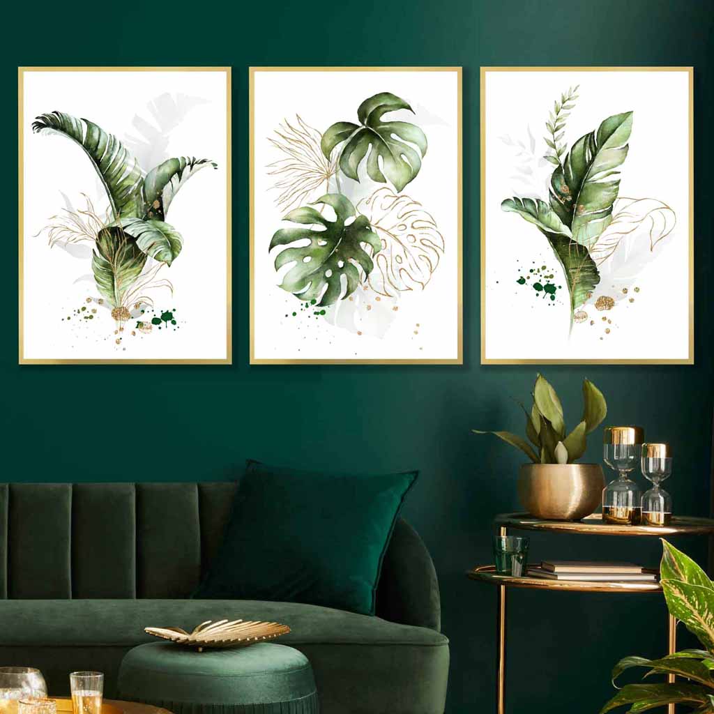 Botanisches Set aus 3 grünen und goldenen floralen Wandbildern