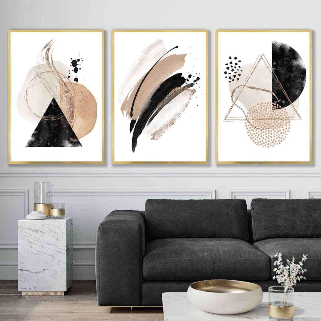 Abstraktes Set aus 3 Aquarell-Kunstdrucken in Schwarz und Beige