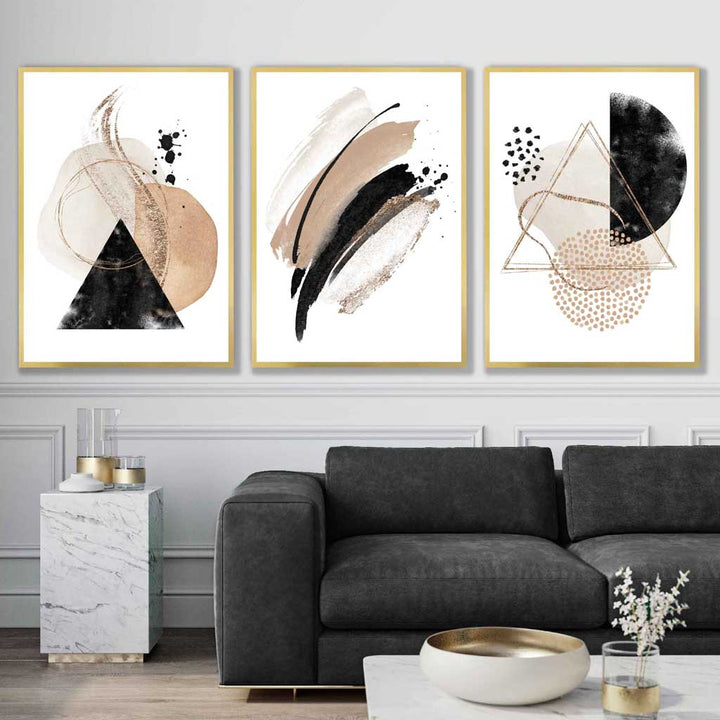 Abstraktes Set aus 3 Aquarell-Kunstdrucken in Schwarz und Beige