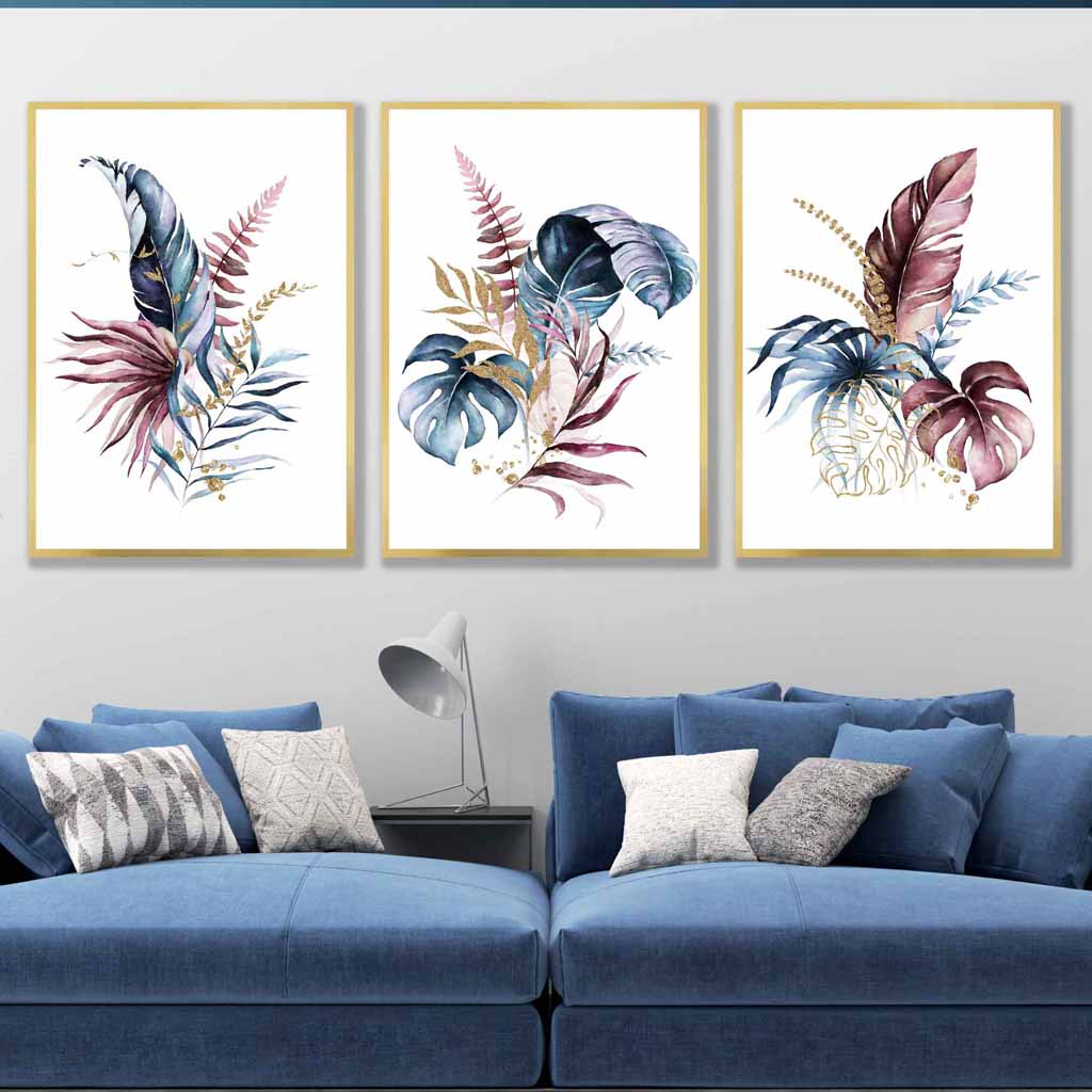 Botanisches Set aus 3 rosa-blauen floralen Wandbildern