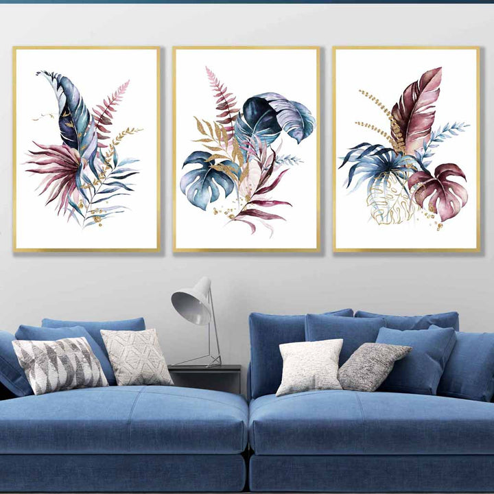 Botanisches Set aus 3 rosa-blauen floralen Wandbildern