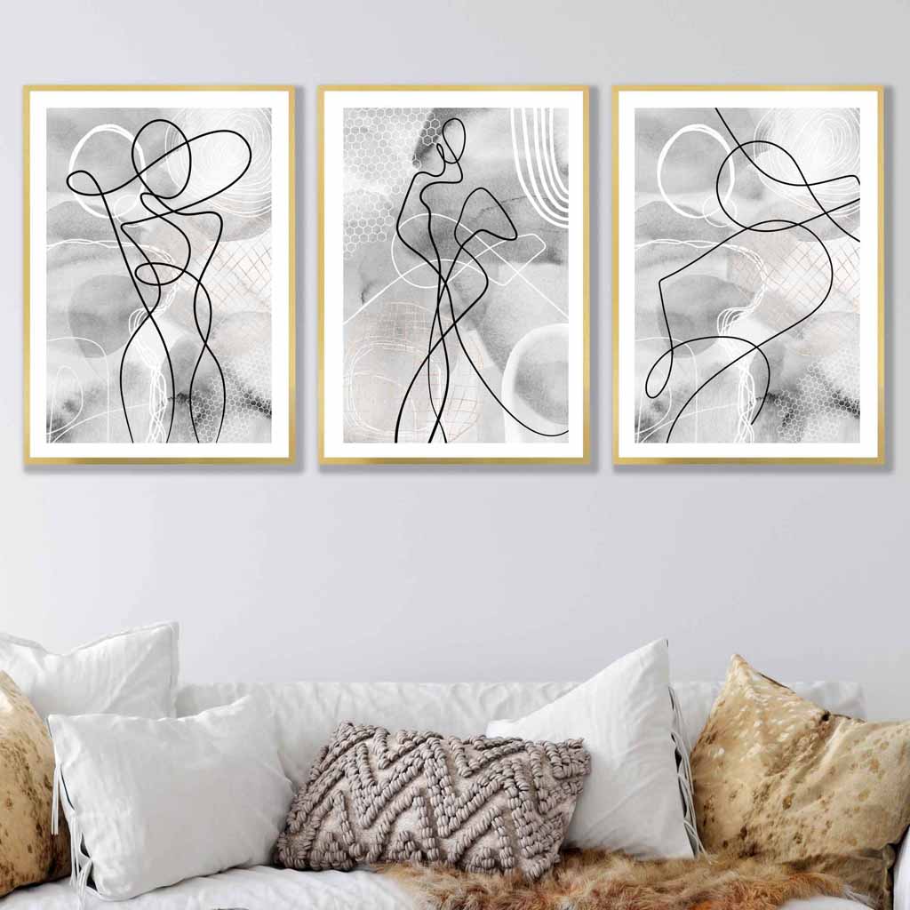 Abstraktes Set aus 3 Mode-Linienkunst-Wandbildern in Schwarz und Grau