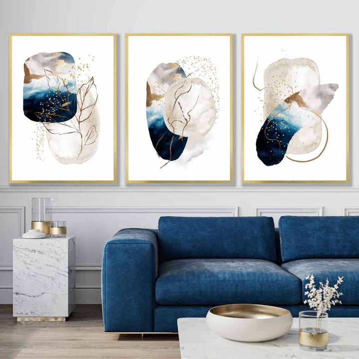 Abstraktes, strukturiertes Wandbild-Set in Marineblau, Elfenbein und Gold (3-teilig)