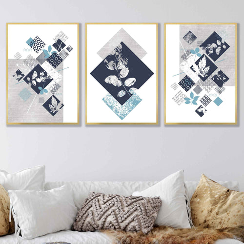 BOTANISCH Set aus 3 abstrakten geometrischen Blumendrucken in Marineblau und Türkis