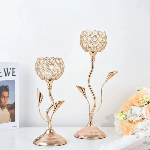 Goldene Kristallblumenform Kerzenhalter Set - Metall Klassisches Design | Karnz