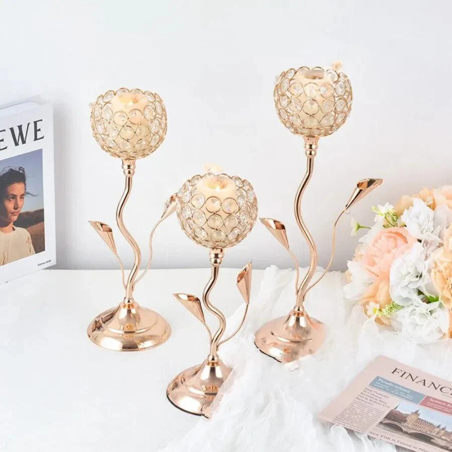 Goldene Kristallblumenform Kerzenhalter Set - Metall Klassisches Design | Karnz