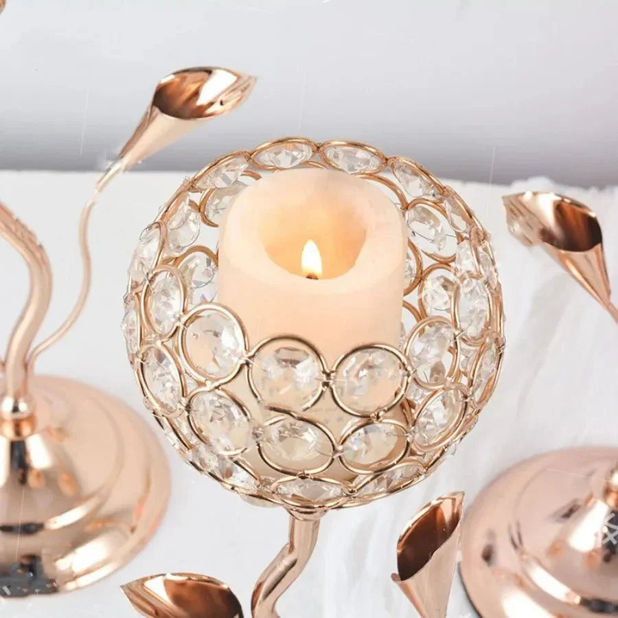 Goldene Kristallblumenform Kerzenhalter Set - Metall Klassisches Design | Karnz