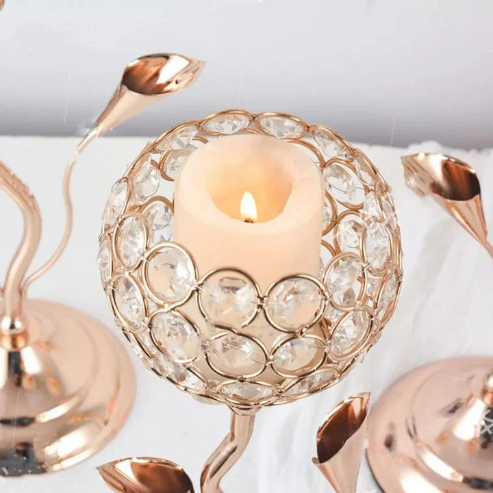 Goldene Kristallblumenform Kerzenhalter Set - Metall Klassisches Design | Karnz