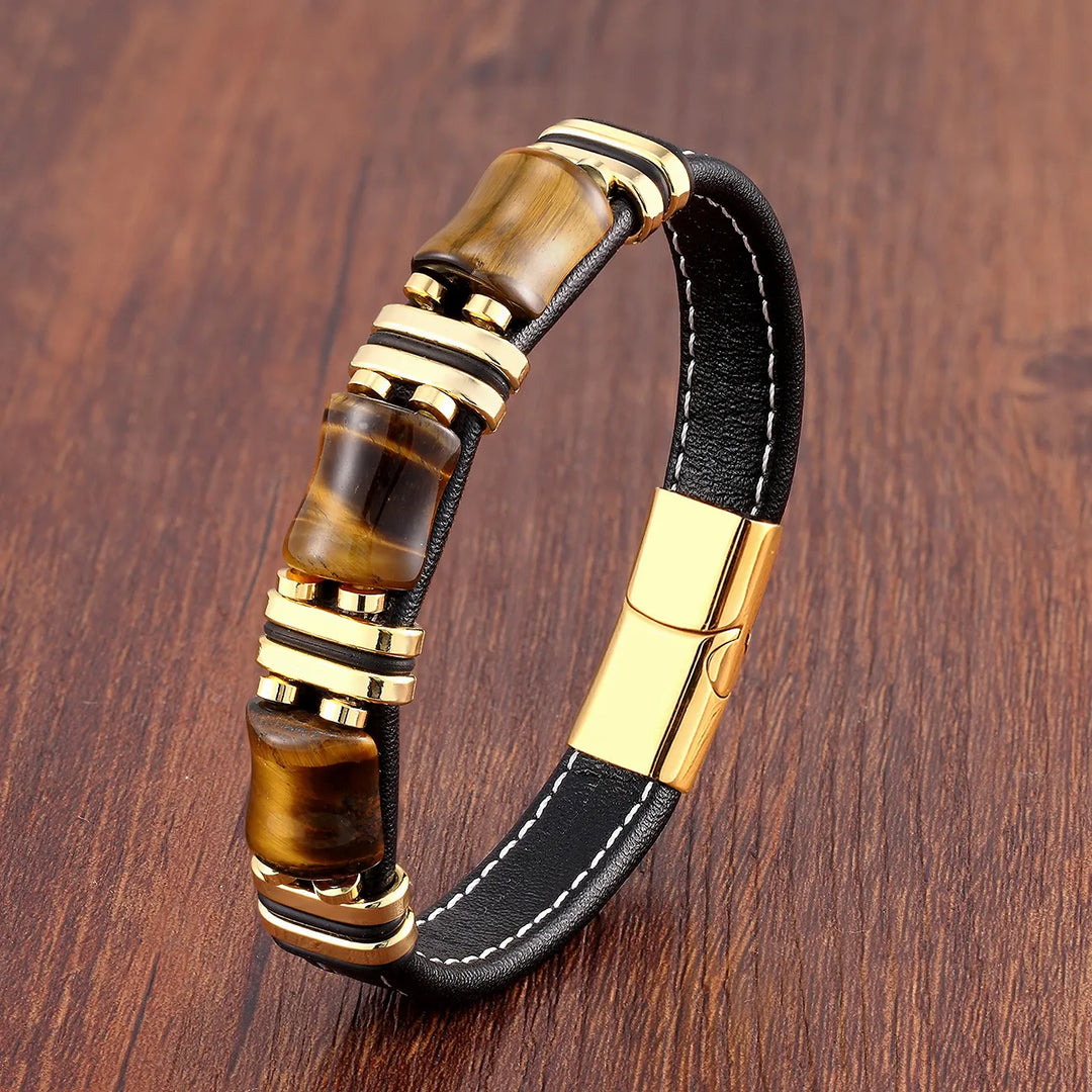 Armband aus Leder und Gold | Herrenschmuck mit Tigeraugenperlen