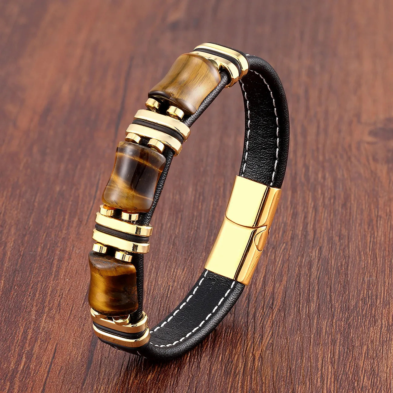 Armband aus Leder und Gold | Herrenschmuck mit Tigeraugenperlen