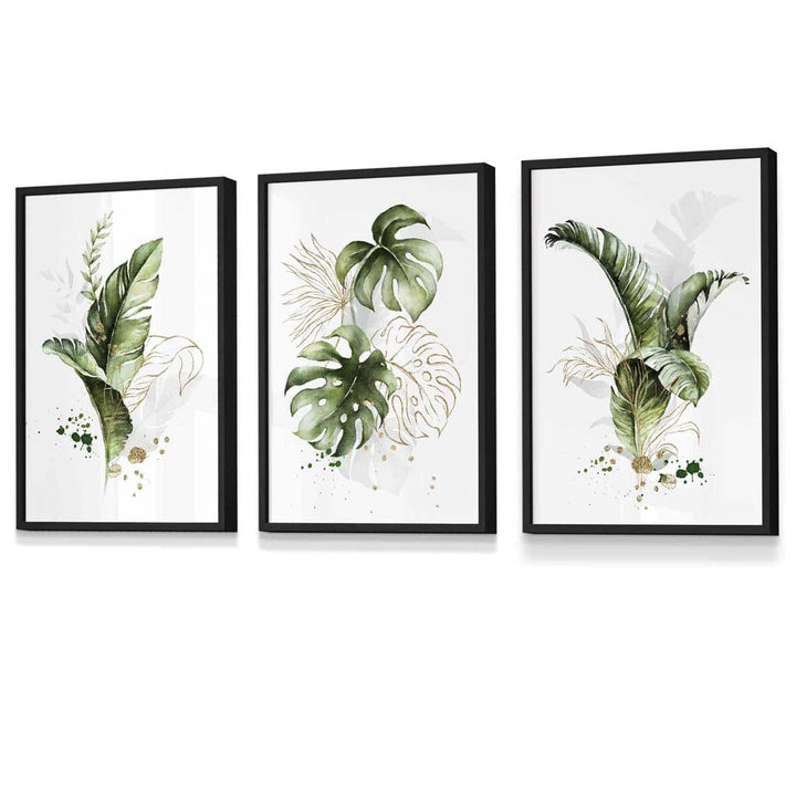 Botanisches Set aus 3 grünen und goldenen Blumen-Wandbildern in Rahmen