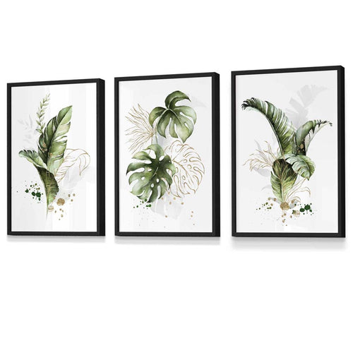 Botanisches Set aus 3 grünen und goldenen Blumen-Wandbildern in Rahmen