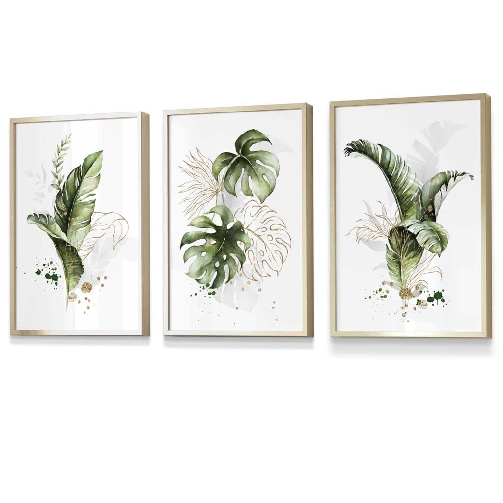 Botanisches Set aus 3 grünen und goldenen Blumen-Wandbildern in Rahmen