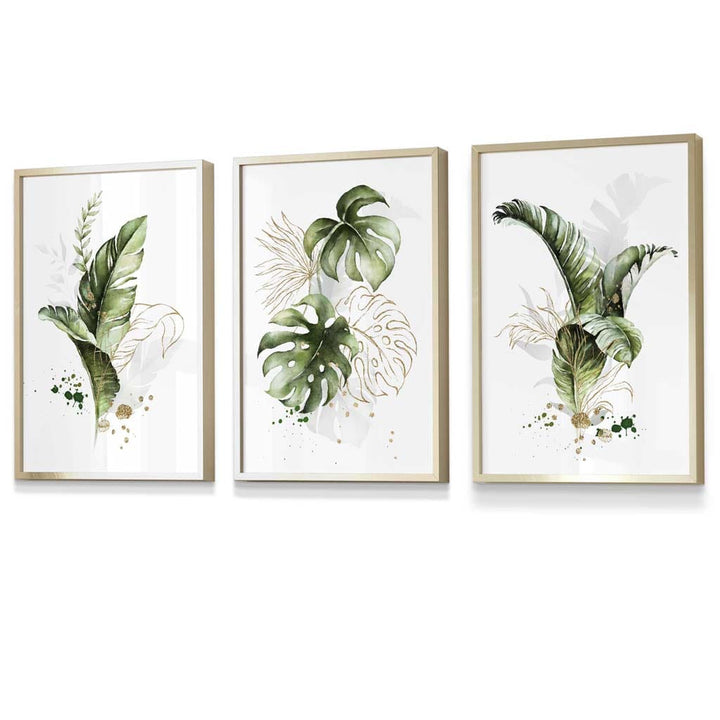 Botanisches Set aus 3 grünen und goldenen Blumen-Wandbildern in Rahmen