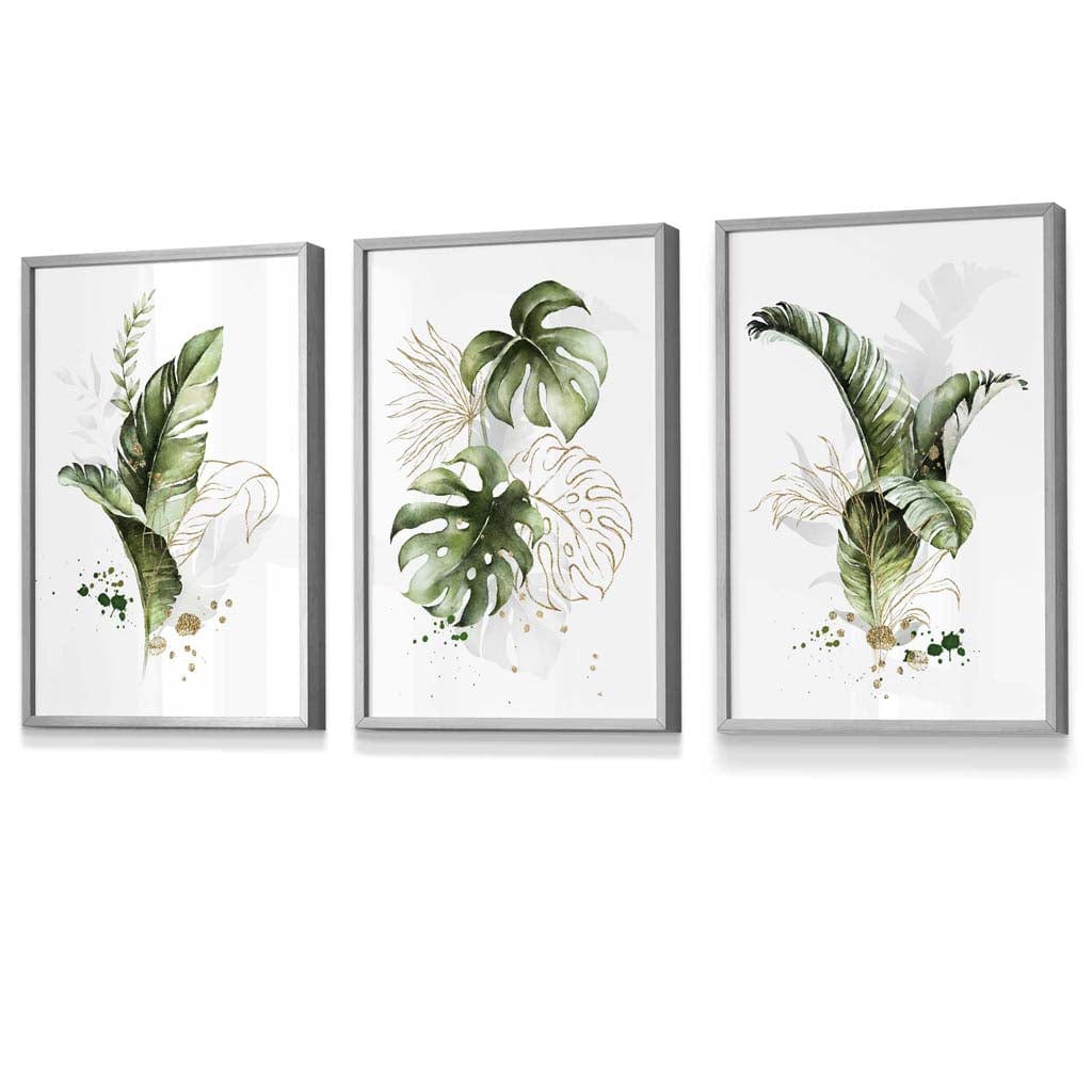Botanisches Set aus 3 grünen und goldenen Blumen-Wandbildern in Rahmen