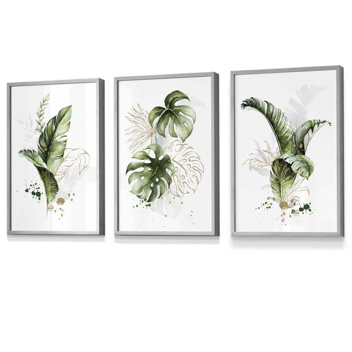 Botanisches Set aus 3 grünen und goldenen Blumen-Wandbildern in Rahmen