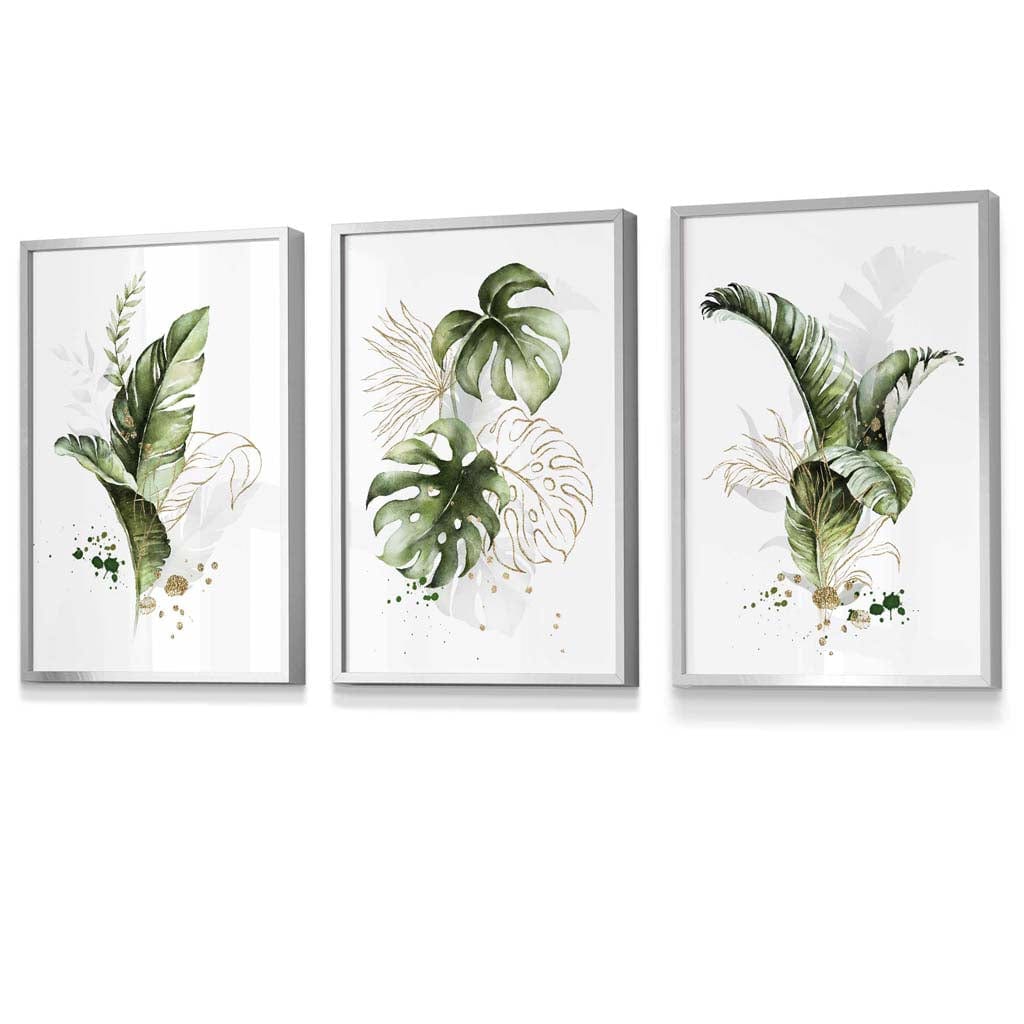 Botanisches Set aus 3 grünen und goldenen Blumen-Wandbildern in Rahmen