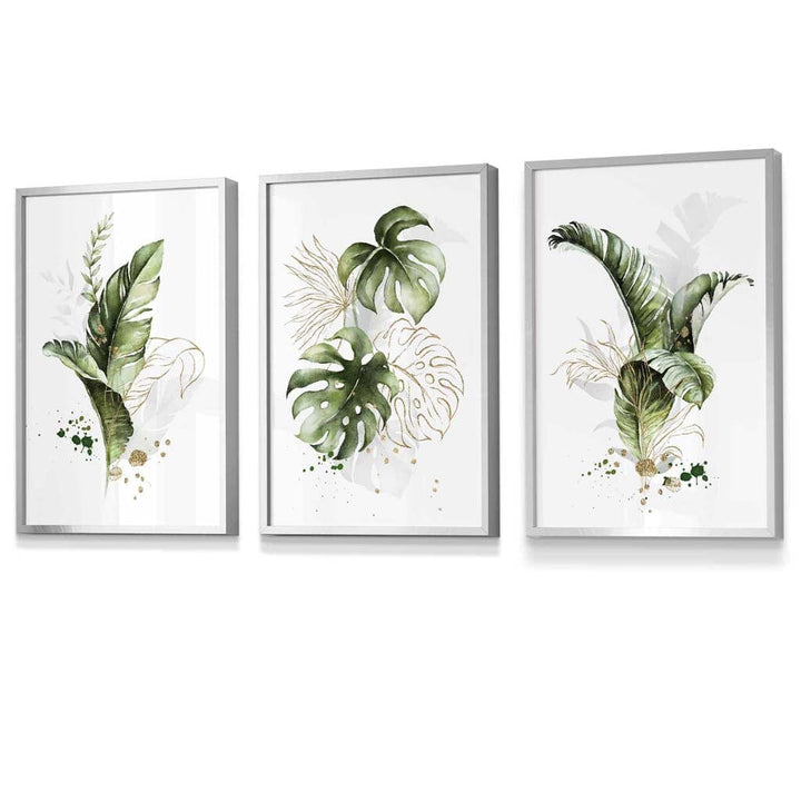 Botanisches Set aus 3 grünen und goldenen Blumen-Wandbildern in Rahmen