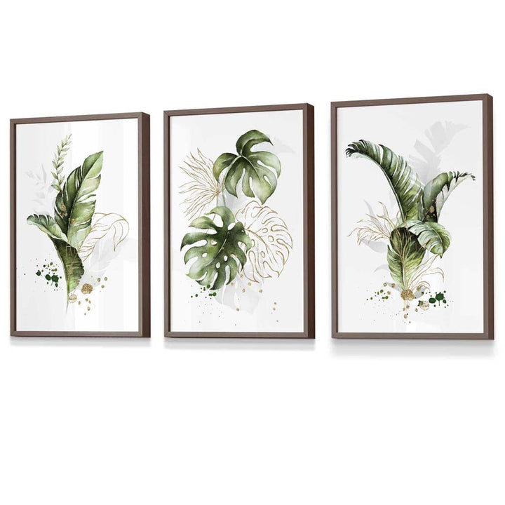 Botanisches Set aus 3 grünen und goldenen Blumen-Wandbildern in Rahmen