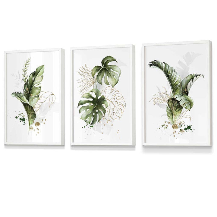 Botanisches Set aus 3 grünen und goldenen Blumen-Wandbildern in Rahmen