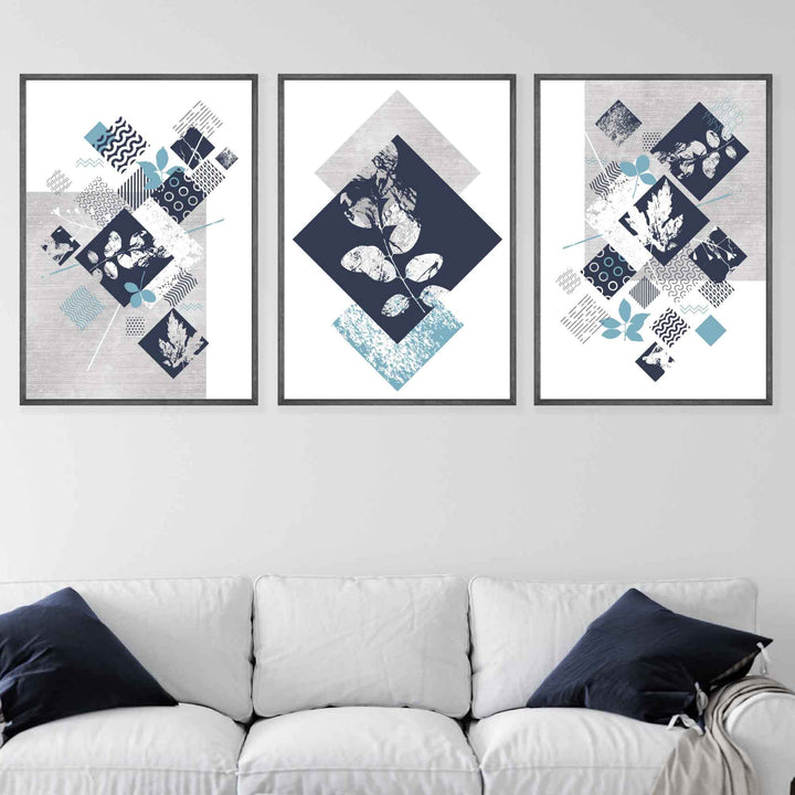 BOTANISCH Set aus 3 abstrakten geometrischen Blumendrucken in Marineblau und Türkis