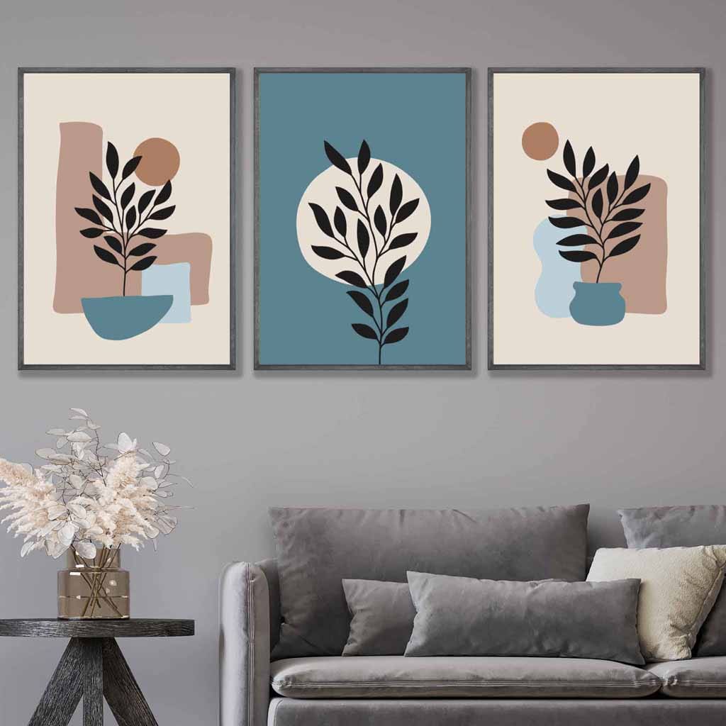 Botanisches 3er-Set Boho-Wandbilder mit Rahmen in Blau und Creme