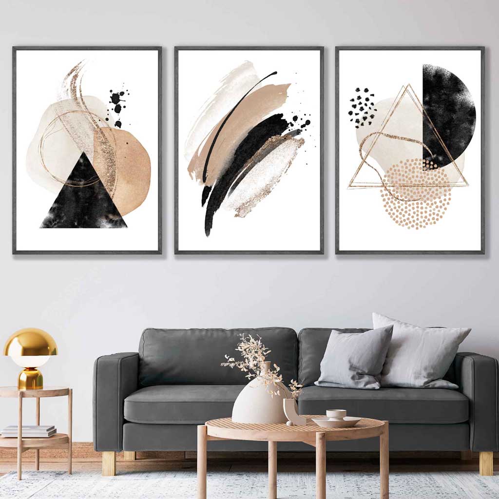 Abstraktes, schwarz-beiges Set aus 3 Aquarellformen, gerahmte Wandbilder