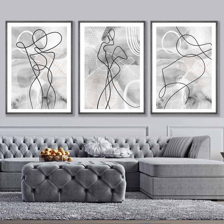 Abstraktes Set aus 3 Mode-Linienkunst-Wandbildern in Schwarz und Grau