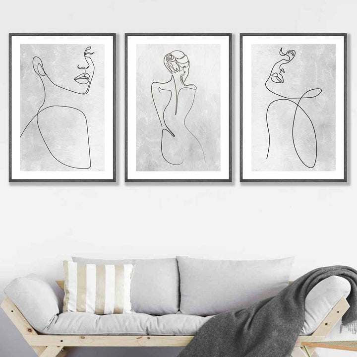 Abstrakte Linienkunst Frau Grau Wandkunst Set mit 3 gerahmten Drucken