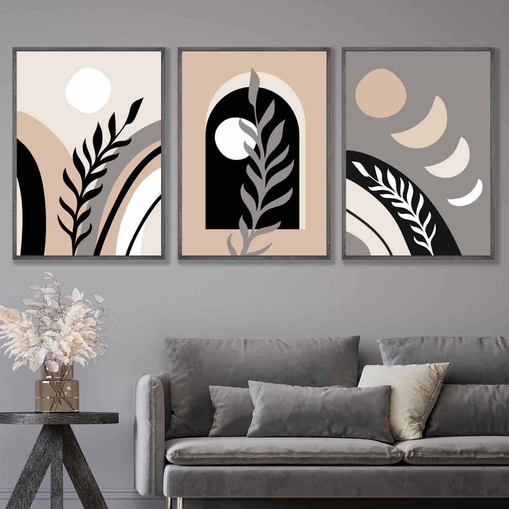 Boho-Stil, abstraktes 3er-Set Wandbilder in Schwarz, Beige und Grau