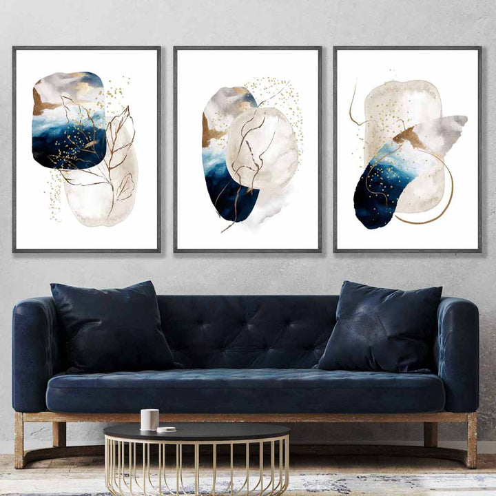 Abstraktes, strukturiertes Wandbild-Set in Marineblau, Elfenbein und Gold (3-teilig)
