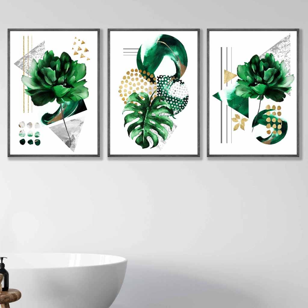 Abstraktes grün-goldenes Blumen-Set aus 3 gerahmten Wandbildern